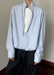 Striped Blue Stand Collar False Two Pieces Cotton Men Shirts Fall