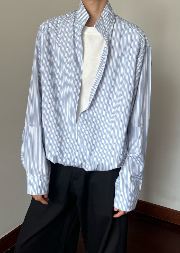 Striped Blue Stand Collar False Two Pieces Cotton Men Shirts Fall