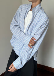 Striped Blue Stand Collar False Two Pieces Cotton Men Shirts Fall