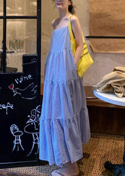 Striped Blue Wrinkled Pockets Cotton Spaghetti Strap Dress Sleeveless