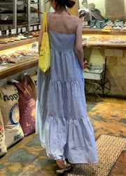 Striped Blue Wrinkled Pockets Cotton Spaghetti Strap Dress Sleeveless