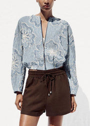Striped Blue Zippered Original Design Cotton Coats Fall