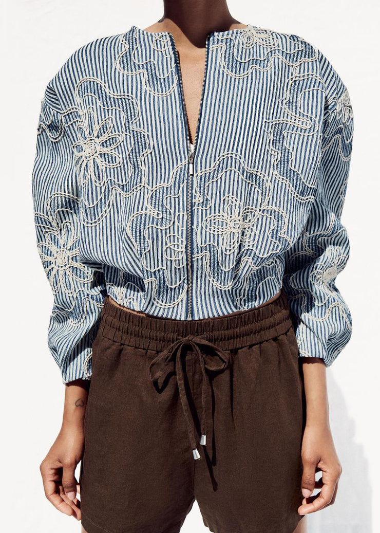 Striped Blue Zippered Original Design Cotton Coats Fall