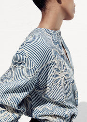 Striped Blue Zippered Original Design Cotton Coats Fall