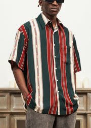 Striped Button Cotton Mens Shirts Peter Pan Collar Summer