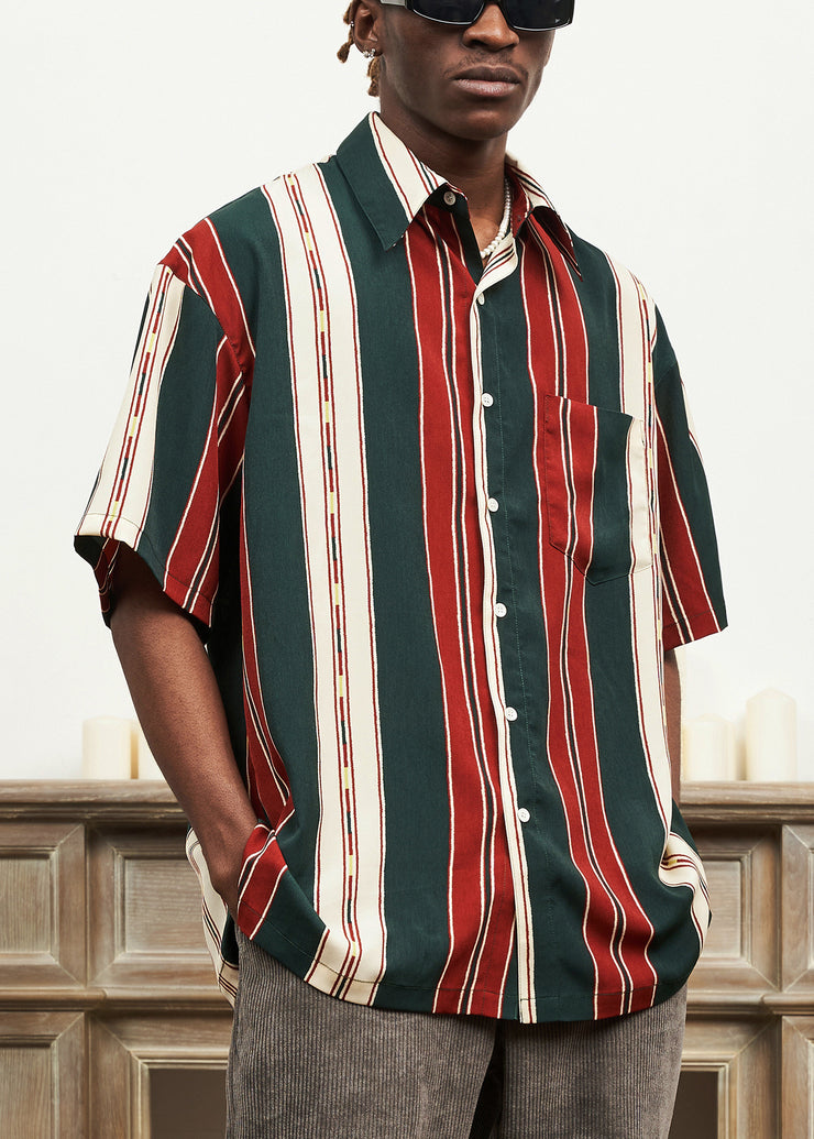 Striped Button Cotton Mens Shirts Peter Pan Collar Summer