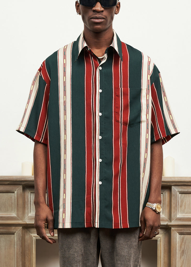 Striped Button Cotton Mens Shirts Peter Pan Collar Summer