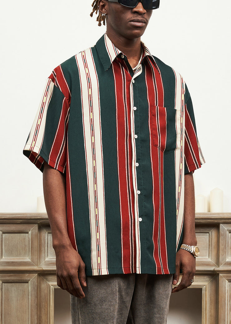 Striped Button Cotton Mens Shirts Peter Pan Collar Summer
