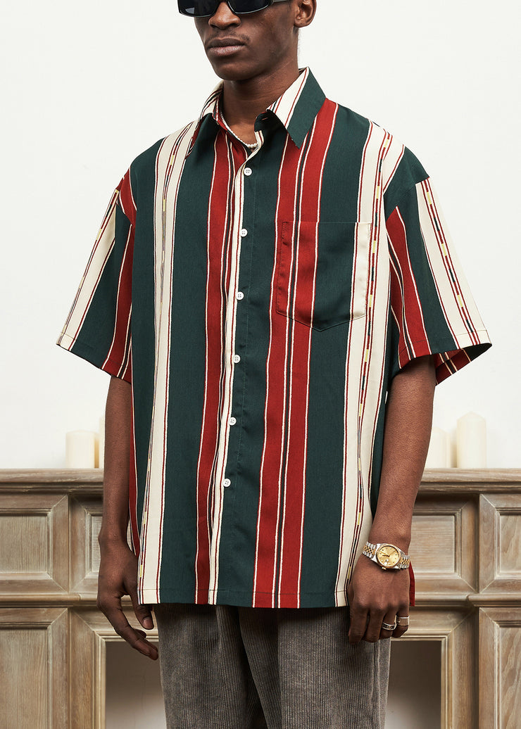 Striped Button Cotton Mens Shirts Peter Pan Collar Summer