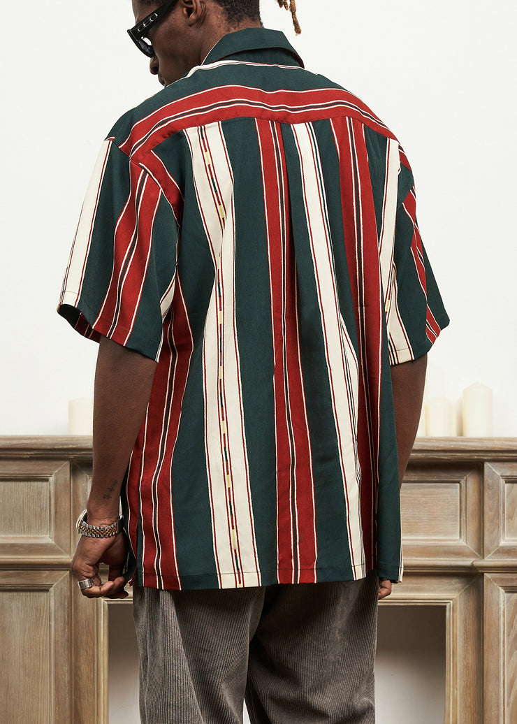 Striped Button Cotton Mens Shirts Peter Pan Collar Summer