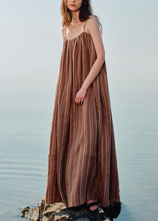 Striped Coffee O Neck Shell Pockets Linen Spaghetti Strap Dress Sleeveless