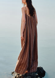 Striped Coffee O Neck Shell Pockets Linen Spaghetti Strap Dress Sleeveless