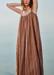 Striped Coffee O Neck Shell Pockets Linen Spaghetti Strap Dress Sleeveless