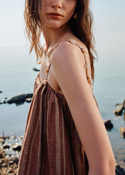 Striped Coffee O Neck Shell Pockets Linen Spaghetti Strap Dress Sleeveless