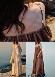 Striped Coffee O Neck Shell Pockets Linen Spaghetti Strap Dress Sleeveless