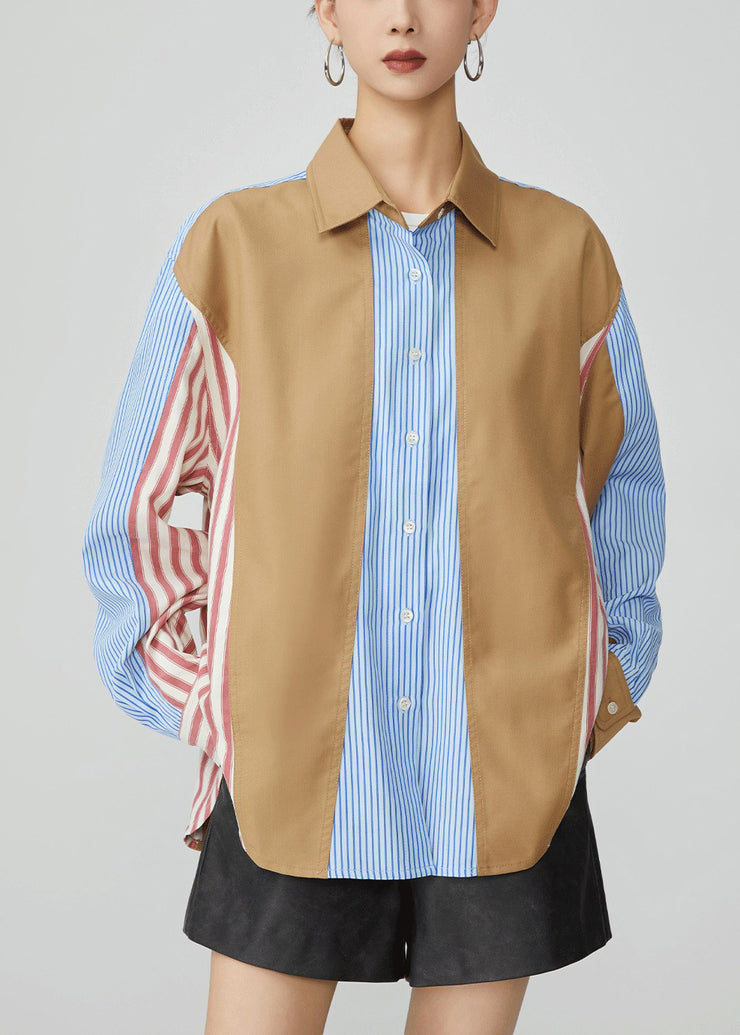 Striped Colorblock Peter Pan Collar Button Cotton Shirt Fall