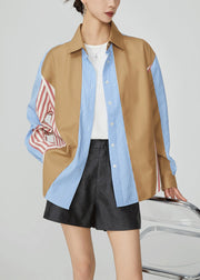 Striped Colorblock Peter Pan Collar Button Cotton Shirt Fall