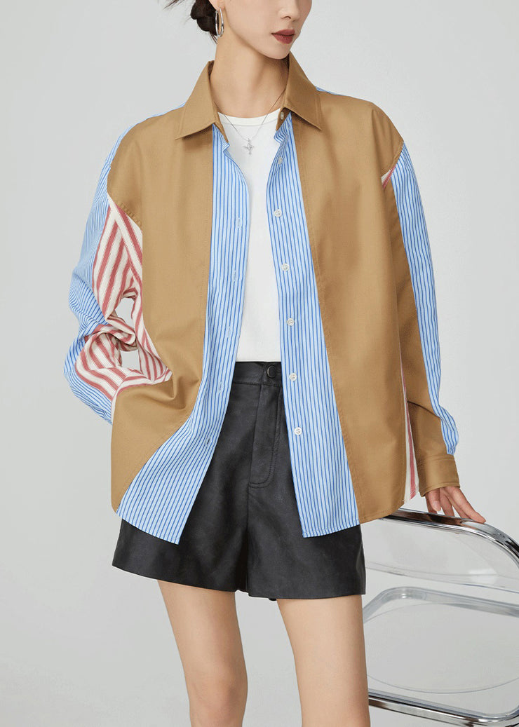 Striped Colorblock Peter Pan Collar Button Cotton Shirt Fall