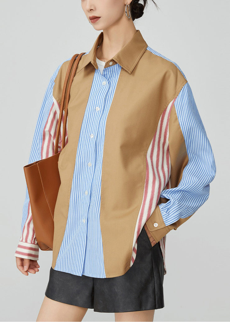 Striped Colorblock Peter Pan Collar Button Cotton Shirt Fall