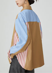 Striped Colorblock Peter Pan Collar Button Cotton Shirt Fall