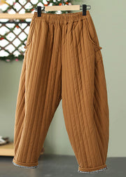 Striped Ginger Yellow Pockets Elastic Waist Cotton Filled Crop Pants Winter