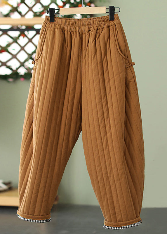 Striped Ginger Yellow Pockets Elastic Waist Cotton Filled Crop Pants Winter