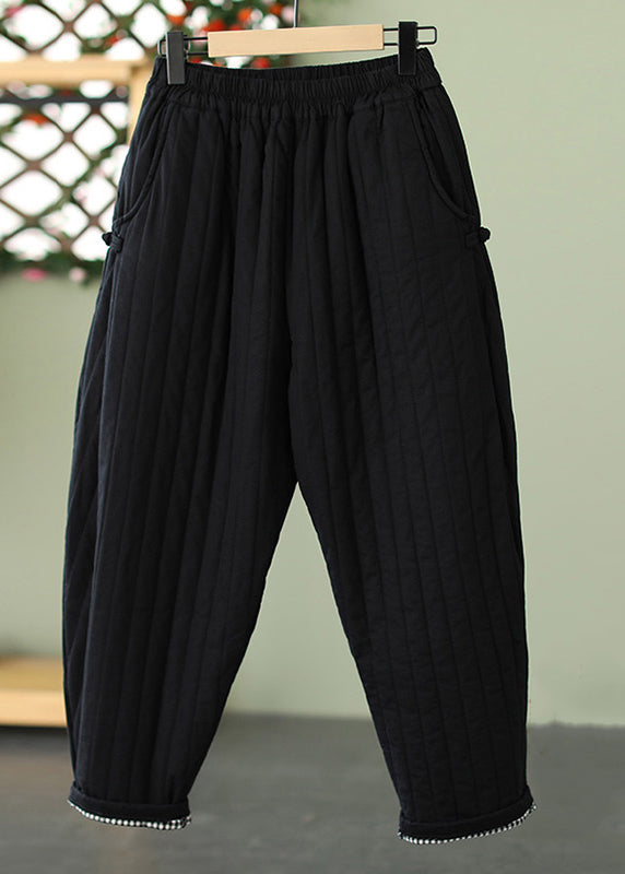 Striped Ginger Yellow Pockets Elastic Waist Cotton Filled Crop Pants Winter