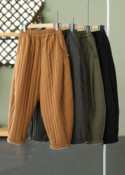 Striped Ginger Yellow Pockets Elastic Waist Cotton Filled Crop Pants Winter