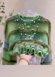 Striped Green Gradient Color O Neck Cozy Knit Sweater Winter