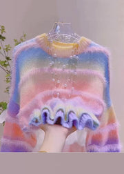 Striped Green Gradient Color O Neck Cozy Knit Sweater Winter