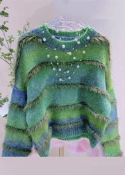 Striped Green Gradient Color O Neck Cozy Knit Sweater Winter