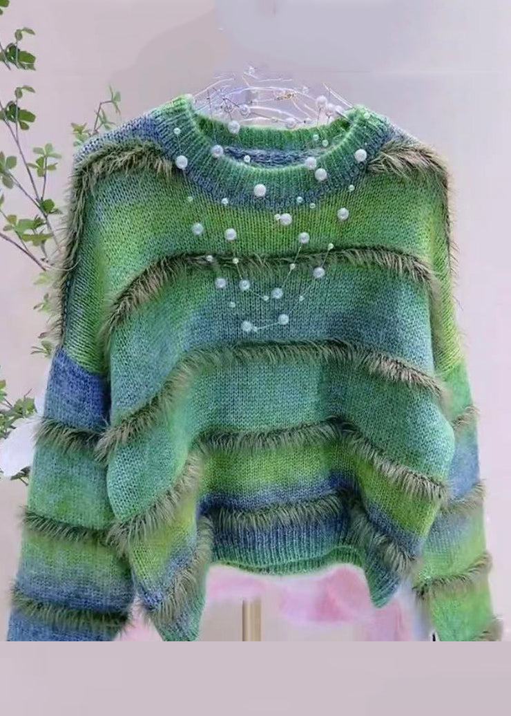 Striped Green Gradient Color O Neck Cozy Knit Sweater Winter
