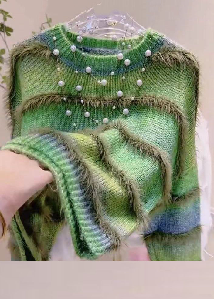 Striped Green Gradient Color O Neck Cozy Knit Sweater Winter