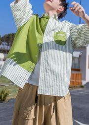 Striped Green Letter Patchwork Cotton Mens Shirts Half Sleeve