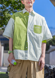 Striped Green Letter Patchwork Cotton Mens Shirts Half Sleeve