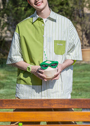 Striped Green Letter Patchwork Cotton Mens Shirts Half Sleeve