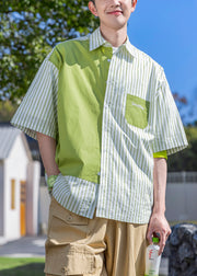 Striped Green Letter Patchwork Cotton Mens Shirts Half Sleeve