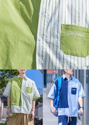 Striped Green Letter Patchwork Cotton Mens Shirts Half Sleeve