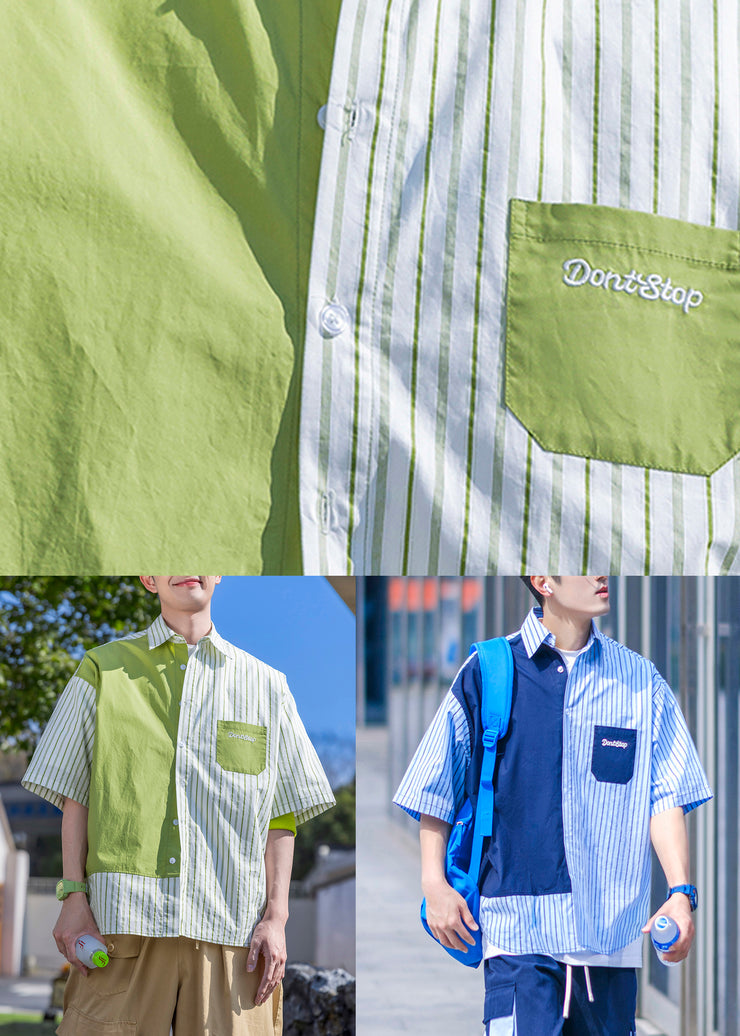 Striped Green Letter Patchwork Cotton Mens Shirts Half Sleeve