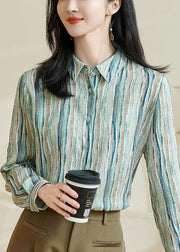 Striped Green Peter Pan Collar Button Cotton Blouses Fall