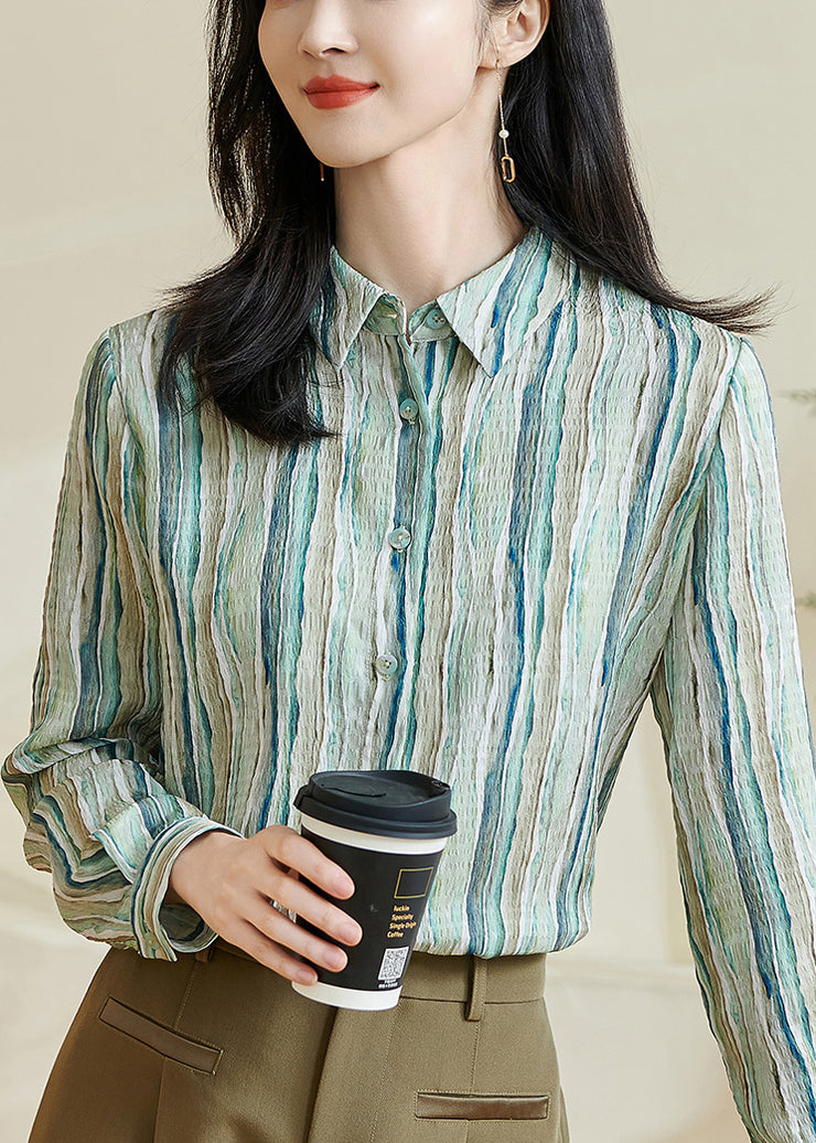Striped Green Peter Pan Collar Button Cotton Blouses Fall
