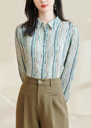 Striped Green Peter Pan Collar Button Cotton Blouses Fall
