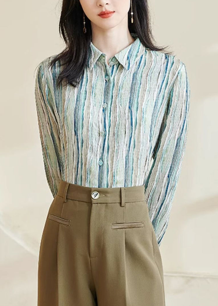 Striped Green Peter Pan Collar Button Cotton Blouses Fall