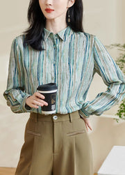 Striped Green Peter Pan Collar Button Cotton Blouses Fall