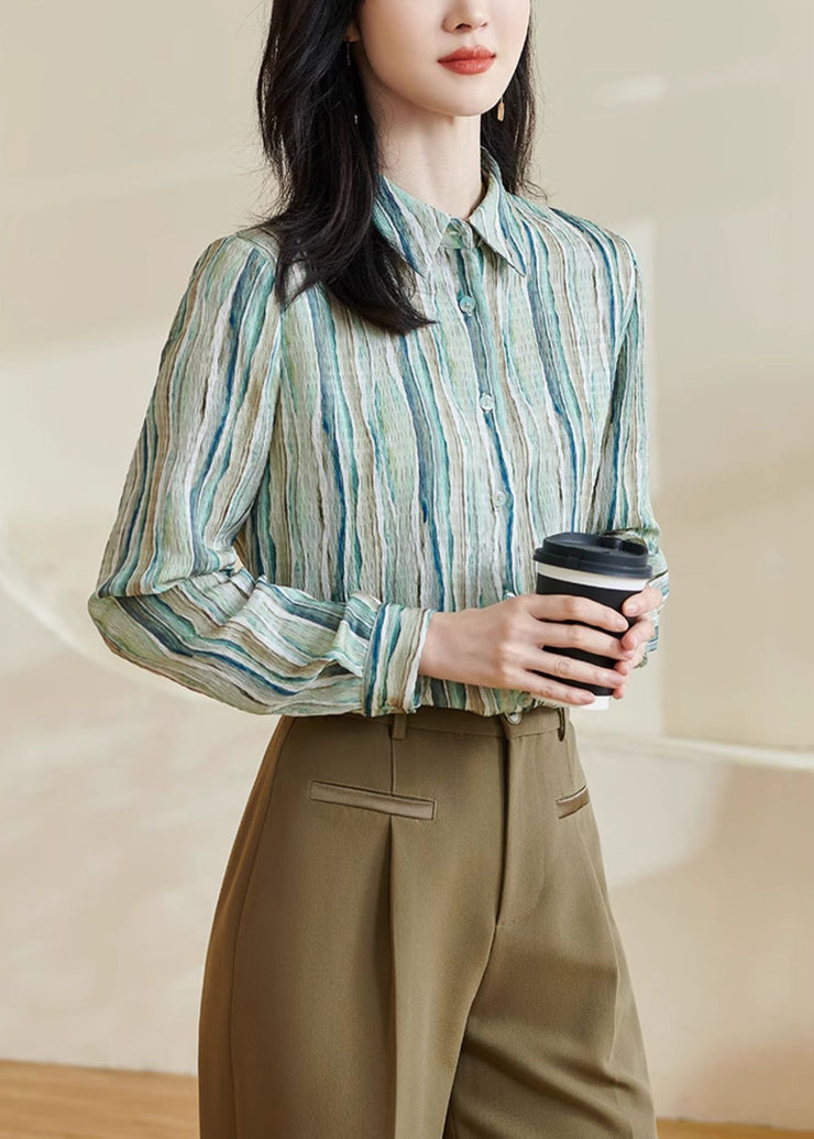 Striped Green Peter Pan Collar Button Cotton Blouses Fall