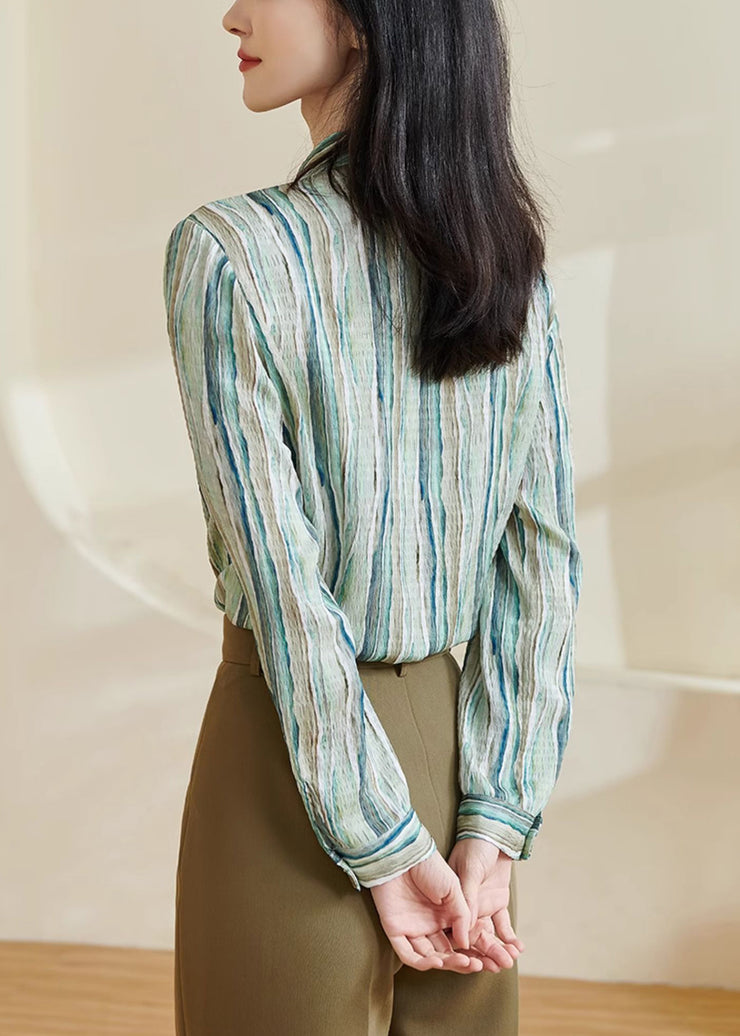 Striped Green Peter Pan Collar Button Cotton Blouses Fall