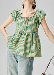 Striped Green Print Lace Up Cotton Shirts Summer
