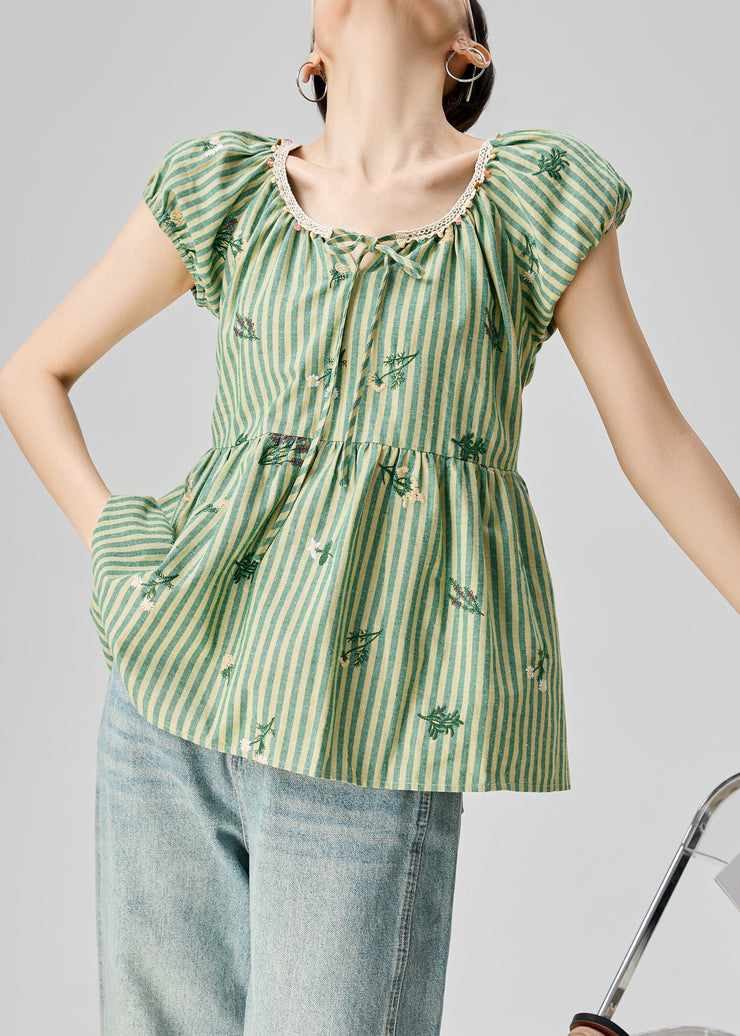 Striped Green Print Lace Up Cotton Shirts Summer