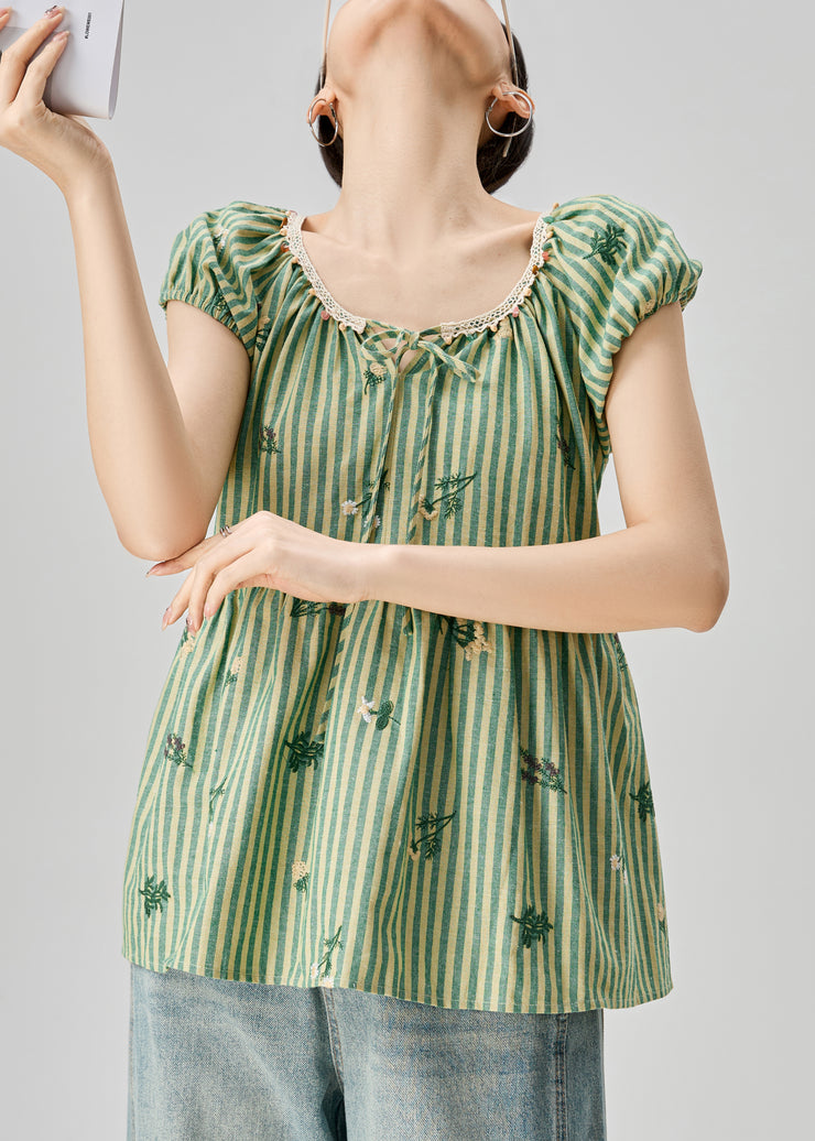 Striped Green Print Lace Up Cotton Shirts Summer