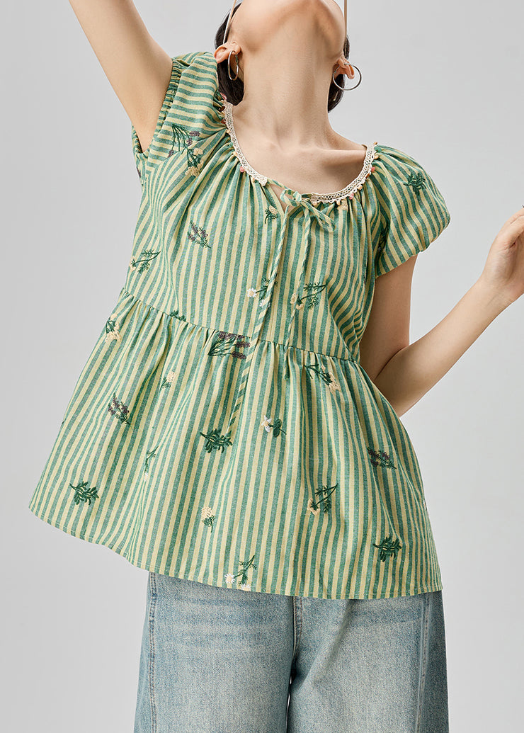 Striped Green Print Lace Up Cotton Shirts Summer